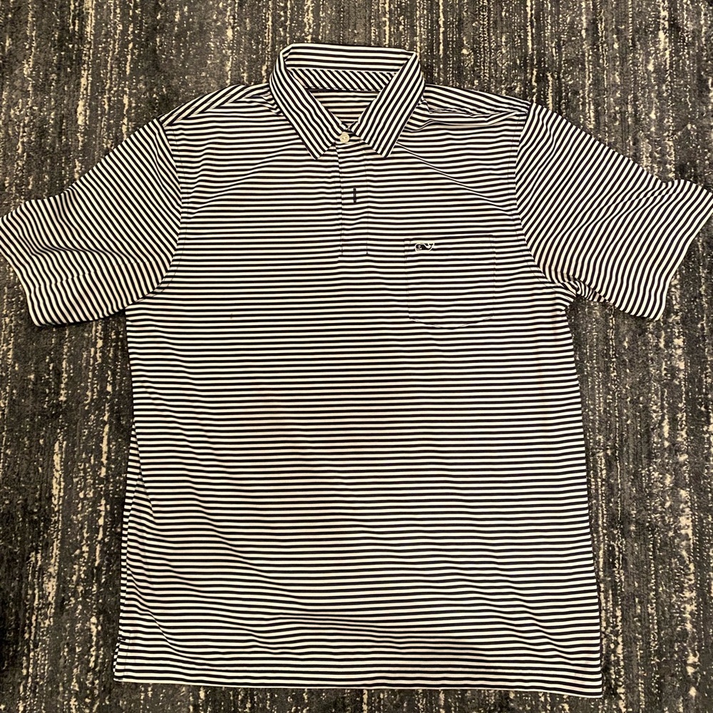 Black and white stripped vineyard vines polo shirt